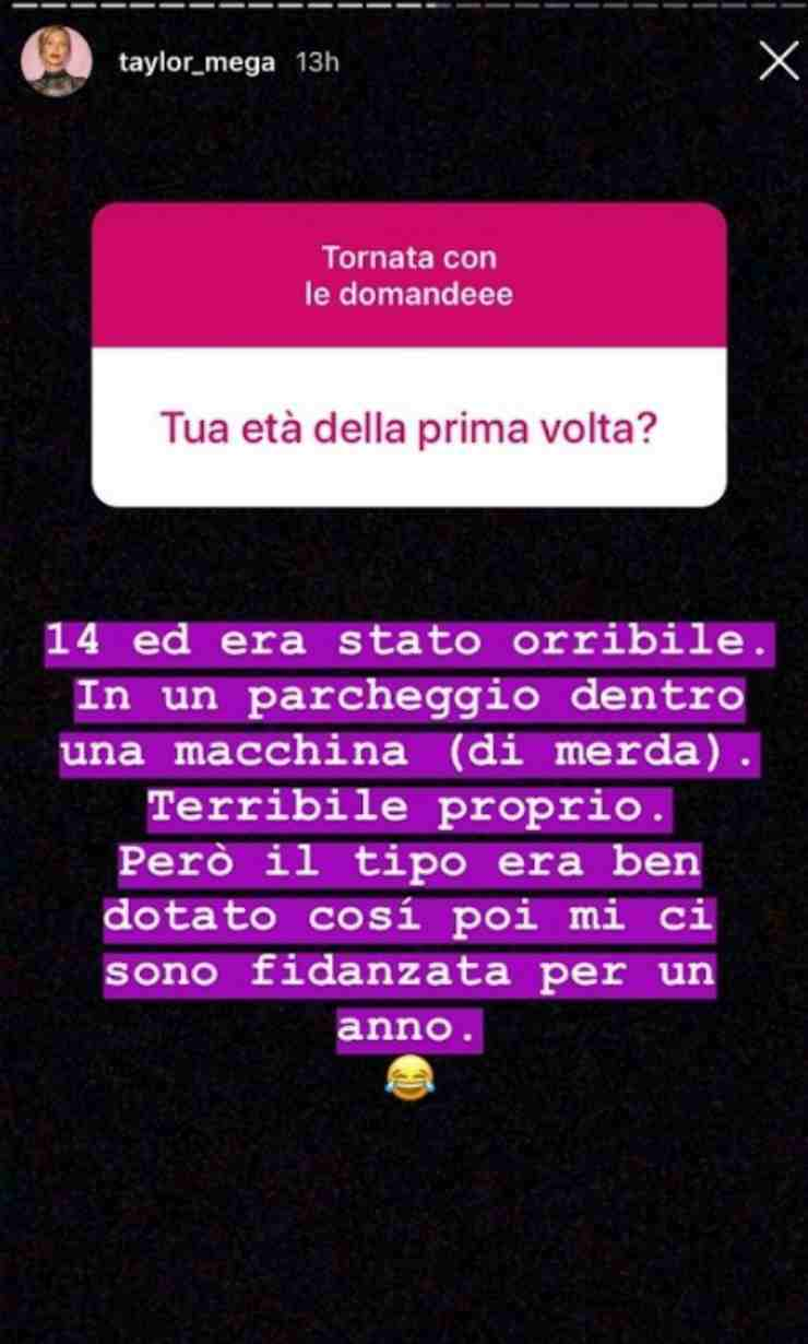 taylor mega parla della sua prima volta, 14 anni in auto