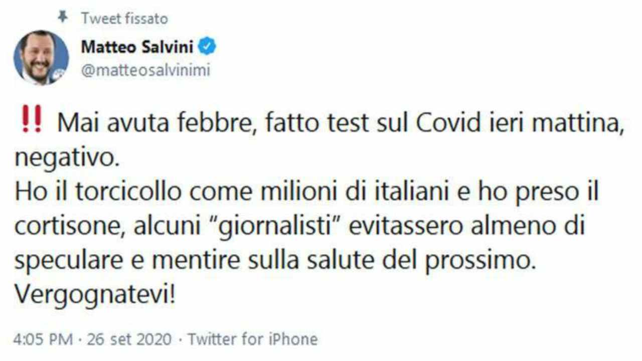 Post di Salvini su tampone negativo