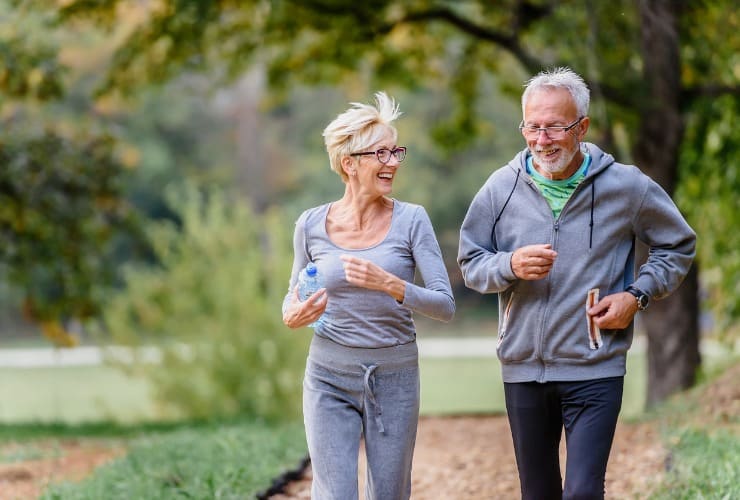 Elderly couple strolls in the park 