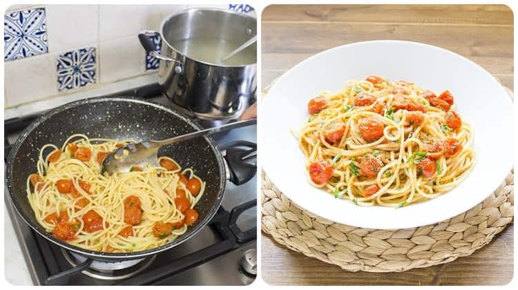 Spaghetti in padella con pomodori e pangrattato