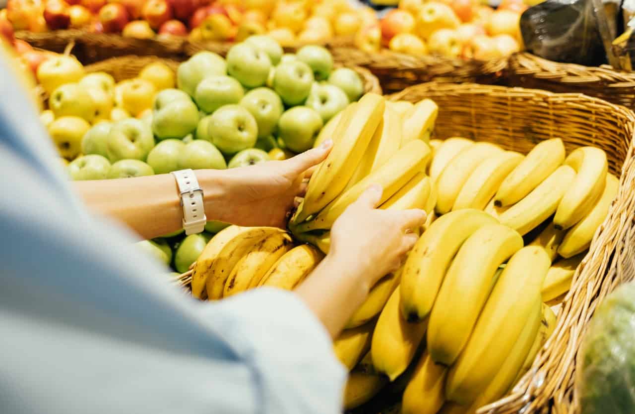 Market, fruit baskets with bananas