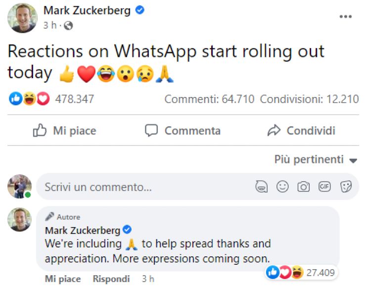 Il post di Mark Zuckerberg