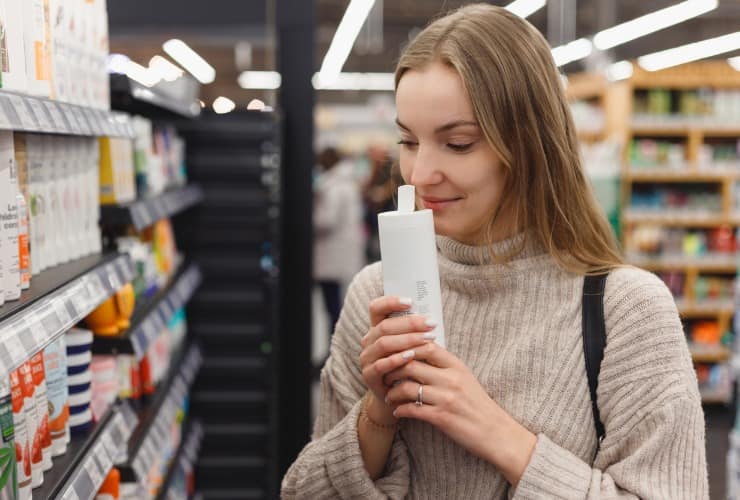  Donna annusa bottiglia di shampoo 