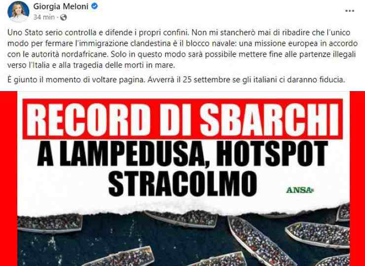 Il post Facebook della Meloni