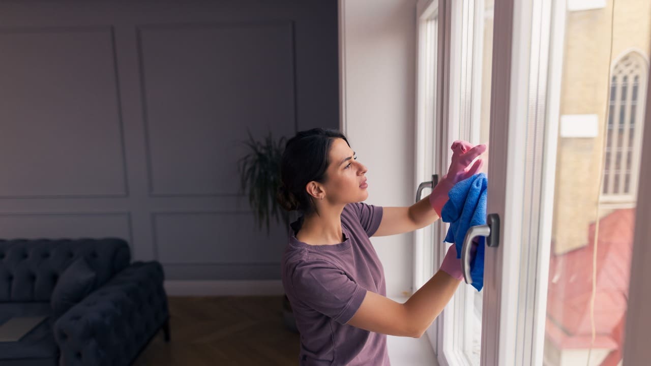 Donna pulisce le finestre di casa