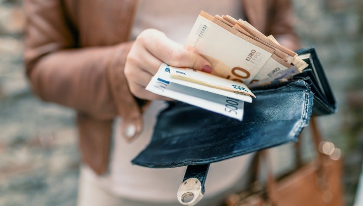 Donna con portafoglio e soldi in euro 